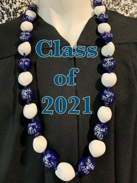 Hawaiian Kukui Nut Lei Class Of 2021 Graduation Lei Necklace Blue White Nwt