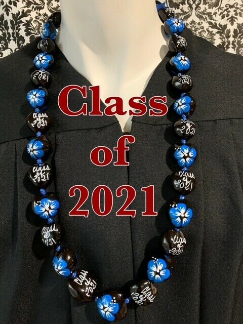 Hawaiian Kukui Nut Lei Class Of 2021 Graduation Lei Necklace Black Blue Hibiscus