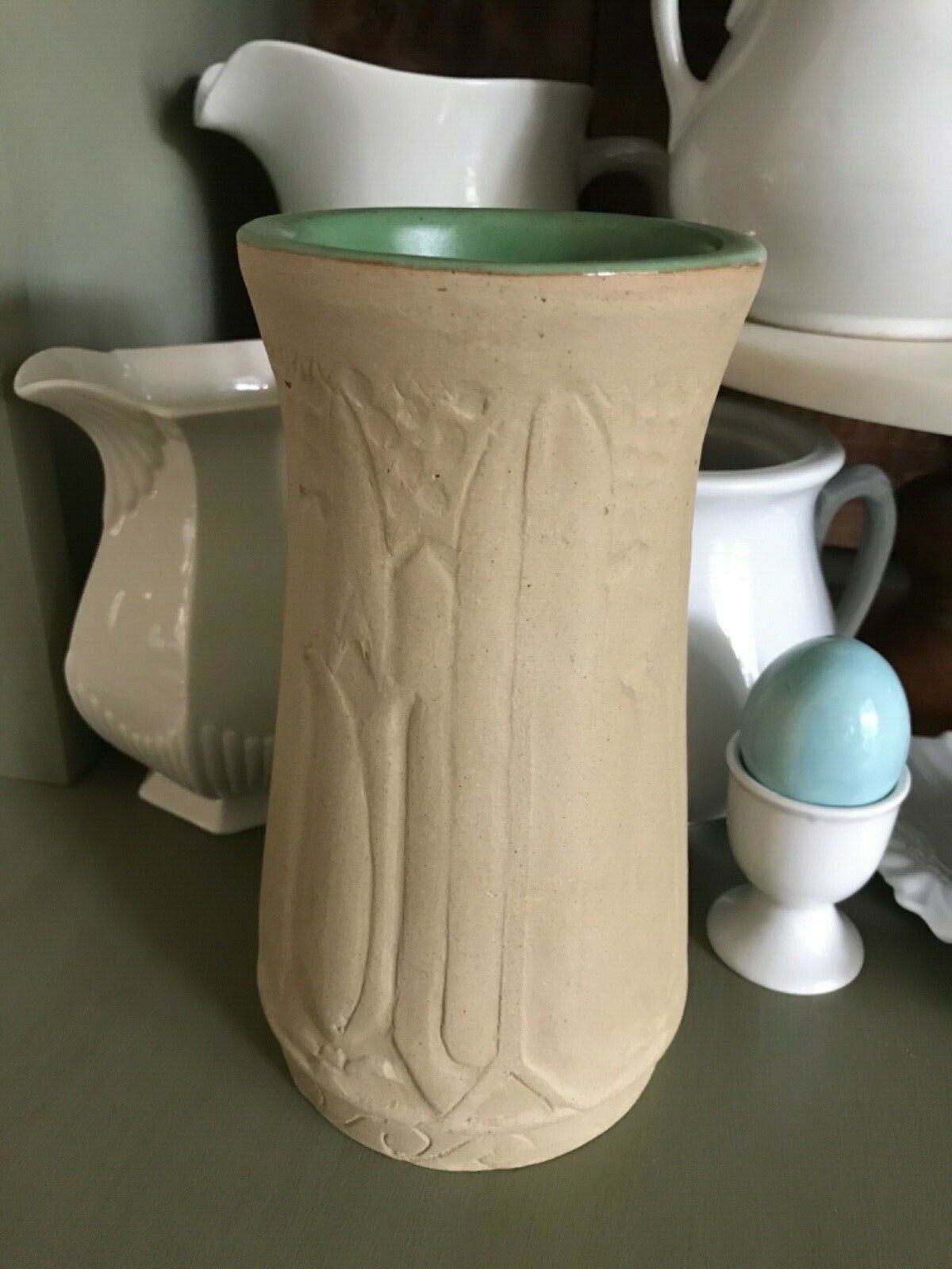 Vintage Monmouth Western Stoneware Green Lotus Vase 370-8 Unglazed Exterior